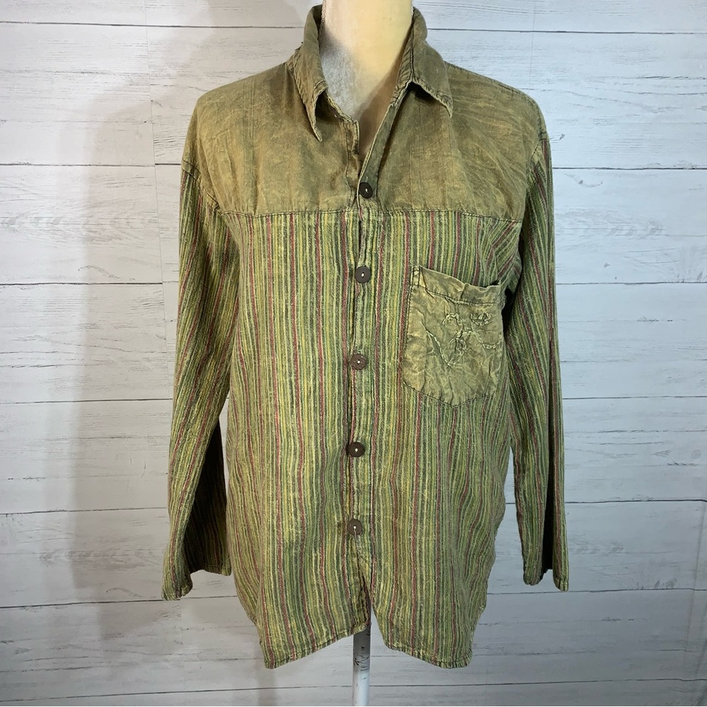 Kathmandu Olive Green Striped Casual Button-Down Shirt